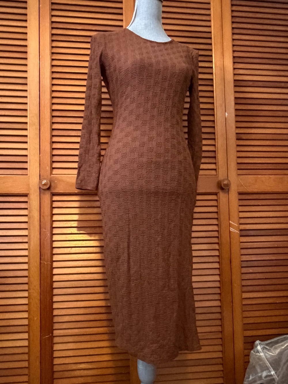 Oak & Trellis Textured Pointelle Nylon Brown Long-Sleeve Bodycon Midi Dress